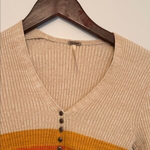 Free People Beige and Yellow V-Neck Sweater